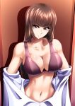  1girl bangs black_bra blunt_bangs bra breasts brown_eyes brown_hair cleavage closed_mouth clothes_pull commentary dress_shirt girls_und_panzer half-closed_eyes highres indoors large_breasts long_hair looking_at_viewer mature_female miraino_tsubasa navel nishizumi_shiho off_shoulder shadow shirt shirt_pull smile solo straight_hair underwear white_shirt wing_collar 