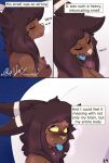  anthro breasts brown_body brown_fur brown_hair chal comic duo english_text equid equine eyes_closed female feral freckles fur hair hi_res horse mammal nipples puffy_nipples raljoy text tojol white_body white_fur 