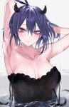  1girl armpits arms_behind_head arms_up bangs bare_arms bare_shoulders black_clover black_dress blush breasts brws cleavage collarbone demon_horns dress frilled_dress frills hair_between_eyes highres horns large_breasts looking_at_viewer partially_submerged purple_hair red_eyes secre_swallowtail short_hair sleeveless sleeveless_dress solo strap_slip upper_body water wet 