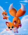  2022 ambiguous_gender anthro brown_body brown_fur canid canine chao_(sonic) clothing cloud cryptid-creations duo english_text flying footwear fox fur green_eyes looking_at_another male_(lore) mammal miles_prower open_mouth orange_body orange_fur red_fox sega shoes sky sonic_the_hedgehog_(series) tail_motion text white_body white_fur 