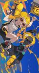  1boy 1girl arm_up arms_up bike_shorts black_shorts blonde_hair blue_eyes blue_sky braid closed_mouth cloud collarbone colored_skin commentary day english_commentary expressionless grey_pants grey_skin grin gun high_tops highres holding holding_gun holding_weapon ink_tank_(splatoon) inkling inkling_girl jacket long_hair looking_away multicolored_clothes multicolored_jacket octoling octoling_boy outdoors paint pants parted_lips prat_rat red_eyes shirt shoes short_hair short_shorts short_sleeves shorts side_braid sidelocks single_braid sky smile sneakers splatoon_(series) splatoon_3 splattershot_(splatoon) t-shirt teeth tentacle_hair torn_clothes torn_shirt weapon white_shirt 