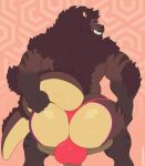  2022 abstract_background absurd_res anthro barazoku beard big_bulge big_butt big_muscles bubble_butt bulge butt clothed clothing dinosaur eyebrows eyewear facial_hair fur furniture furred_dinosaur glasses hair hi_res huge_bulge huge_butt huge_muscles huge_thighs looking_at_viewer looking_back looking_back_at_viewer male muscular muscular_anthro muscular_male pink_background presenting presenting_hindquarters raised_tail rear_view reptile scales scalie simple_background sitting smile solo stool teeth thick_thighs thong topless topless_anthro topless_male tuft tylerstark underwear 