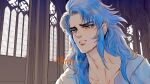  1boy artist_name blue_eyes blue_hair cathedral collarbone crying crying_with_eyes_open gemini_kanon highres long_hair neck notre_dame_de_paris open_clothes open_shirt pillar saint_seiya signature streaming_tears suddhimagga tears window 