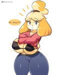  animal_crossing anthro big_breasts black_eyes blonde_hair blush bottomwear bra breasts camel_toe canid canine canis clothing denim denim_clothing domestic_dog english_text exclamation_point female hair hi_res huge_breasts isabelle_(animal_crossing) jeans looking_at_viewer mammal nintendo pants pupils question_mark shih_tzu shirt solo speech_bubble startop text thick_thighs topwear toy_dog underwear undressing video_games white_pupils wide_hips 