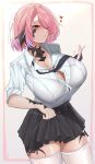  1girl absurdres au_ra bangs bannou_ippoutsukou black_bra bob_cut bra breasts button_gap highres large_breasts looking_at_viewer original pink_hair school_uniform solo tented_shirt thighs underwear uniform 