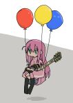  1girl absurdres ahoge aqua_eyes balloon bangs black_socks blank_stare bocchi_the_rock! chibi commentary english_commentary expressionless floating full_body gotou_hitori grey_background guitar hair_between_eyes highres holding holding_instrument hugging_own_legs instrument jacket jitome kneehighs knees_up long_hair long_sleeves medium_skirt no_mouth no_pupils no_shoes pink_hair pink_jacket plaid plaid_skirt purple_skirt shade shadow simple_background sitting skirt sleeves_past_wrists socks solo staring tokiwa_(914) track_jacket two-tone_background very_long_hair white_background 