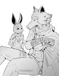  abs absurd_res anthro beastars canid canine canis cape clothing duo female furry_bb greyscale haru_(beastars) hi_res lagomorph legoshi_(beastars) leporid male mammal monochrome muscular muscular_male rabbit wolf 