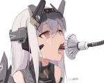  1girl absurdres android artist_name bangs blush english_commentary grey_hair hair_between_eyes headgear highres long_hair looking_up mecha_musume original pink_eyes portrait refueling roundel saliva shasha_(shasha159357) simple_background sweatdrop tongue tongue_out white_background 