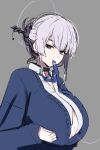  1girl bags_under_eyes black_choker blue_cardigan blue_necktie breasts breasts_squeezed_together cardigan choker collared_shirt grey_background grey_eyes grey_hair hair_ornament hairpin highres itokonoue_kaoru jacket large_breasts looking_at_viewer mouth_hold naozuri necktie open_collar project_kv school_uniform sexually_suggestive shirt sketch solo white_hair white_shirt 