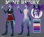  2022 anthro blue_body blue_fur boots breasts canid canine canis clothed clothed/nude clothing colored digital_media_(artwork) digital_painting_(artwork) digitigrade dress female footwear forteque fur hair magic magic_user mammal mint_berry_(iozb) model_sheet nude purple_hair signature solo wolf 
