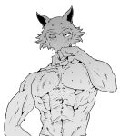  abs absurd_res anthro beastars bodily_fluids canid canine canis furry_bb greyscale hi_res legoshi_(beastars) male mammal monochrome muscular muscular_male pecs scar solo sweat wolf 