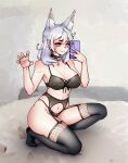  1girl animal_ear_fluff animal_ears bell black_choker black_thighhighs breasts cellphone choker claw_pose cleavage collarbone earrings extra_ears fox_ears garter_belt garter_straps grey_hair hair_behind_ear highres holding holding_phone jewelry kkairaaa lantern_earrings large_breasts lingerie navel neck_bell nijisanji nijisanji_en nina_kosaka phone smartphone solo thighhighs underwear underwear_only virtual_youtuber 