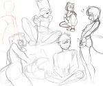  1boy 2girls absurdres animal_ears ass brand_new_animal clothes_pull doodles flying_sweatdrops from_side furry furry_with_non-furry grin hat heart highres holding interspecies jakuzure_nonon kagemori_michiru kill_la_kill multiple_girls ogami_shirou pudgeruffian raccoon_ears raccoon_girl raccoon_tail short_hair shorts shorts_pull sitting sketch smile tail teeth 