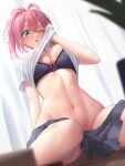  1girl ;o absurdres ahoge black_bra black_skirt bra breasts clothes_lift clothes_pull copyright_request curtains highres kay_yu large_breasts lifted_by_self navel one_eye_closed pink_hair pleated_skirt ponytail shirt shirt_lift short_hair skirt skirt_pull stomach sweat underwear white_shirt 