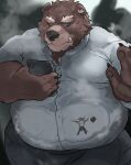  against_surface against_wall anthro belly big_belly bodily_fluids canid canine canis clothed clothing duo hi_res iwbsb_kuma male male/male mammal micro phone steam sweat ursid 