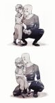  2boys baseball_cap baseball_uniform emporio_alnino greyscale hat highres horns iu jojo_no_kimyou_na_bouken male_child male_focus monochrome multiple_boys sitting sitting_on_lap sitting_on_person sportswear squatting stone_ocean weather_report whispering 