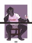  anthro bulge chair clothing container cup drinking_glass ear_piercing ear_ring felid furniture glass glass_container glass_cup hi_res male mammal melanistic pantherine piercing ring ring_piercing russell_allen solo table text wine_glass 