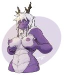  2022 anthro asian_mythology breasts digital_drawing_(artwork) digital_media_(artwork) dragon east_asian_mythology eastern_dragon female hair heart_a._chicago hi_res holding_breast horn mythology navel nipples nude purple_body sarcoph simple_background solo whiskers white_hair 
