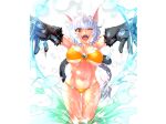  1girl animal_ears bell bikini braid cat_ears cat_girl cat_tail crackle_(taimanin) front-tie_bikini_top front-tie_top jingle_bell nobushito_kuro red_eyes swimsuit tail taimanin_(series) taimanin_asagi_kessen_arena white_hair yellow_bikini 