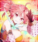  1girl ahoge alette_claretie atelier_(series) atelier_sophie_2 bare_shoulders black_gloves border breasts cleavage closed_mouth commentary_request detached_sleeves gloves hand_up highres kino_te large_breasts long_hair looking_at_viewer pink_eyes pink_hair sidelocks smile solo upper_body 