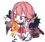  1girl aru_(blue_archive) bangs blue_archive blueberry food food_on_face fork fruit fur_trim horns long_hair open_mouth pancake pink_eyes pink_hair simple_background solo strawberry sukima_(crie) white_background 
