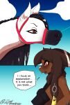 anthro black_hair brown_body brown_eyes brown_hair camera chal comic duo ellipsis english_text equid equine feral gynomorph hair hi_res horse intersex male mammal open_mouth raljoy red_eyes speech_bubble text tojol white_body yellow_sclera 