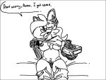  4:3 anthro black_and_white black_border border bottomwear bottomwear_down breasts canid canine clothed clothing clothing_lift condom dialogue english_text female fox hair mammal monochrome panties pants pants_down partially_clothed pepper_(sketchytoasty) presenting red_fox sexual_barrier_device shirt shirt_lift sketchytoasty solo talking_to_viewer text topwear underwear 