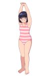  1girl 49s-aragon arms_up barefoot black-framed_eyewear black_hair blue_eyes blush bob_cut breasts cleavage closed_mouth collarbone full_body glasses highres looking_at_viewer multicolored_clothes multicolored_swimsuit one-piece_swimsuit original pink_one-piece_swimsuit short_hair simple_background small_breasts smile solo striped striped_one-piece_swimsuit swimsuit white_background white_one-piece_swimsuit 