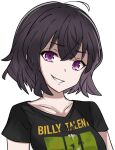  1girl alternate_costume bangs black_hair breasts collarbone fire_emblem fire_emblem_awakening looking_at_viewer morgan_(fire_emblem) morgan_(fire_emblem)_(female) print_shirt purple_eyes shirt short_hair small_breasts smile solo teeth thigh_high_tavi upper_body 