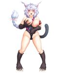 1girl animal_ears animal_hands armband bad_link blush braid braided_ponytail breasts breasts_out cat_ears cat_girl cat_tail claws crackle_(taimanin) full_body grabbing_own_breast highres long_hair nipples nobushito one-piece_swimsuit red_armband red_eyes swimsuit tail taimanin_(series) taimanin_rpgx very_long_hair white_hair 