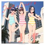  1girl 3girls 49s-aragon absurdres arms_up bangs barefoot black-framed_eyewear black_hair blue_eyes blue_one-piece_swimsuit blush bob_cut breasts cleavage closed_mouth collar collarbone freckles glasses highres looking_at_viewer low_twintails multicolored_clothes multicolored_swimsuit multiple_girls one-piece_swimsuit open_mouth original parted_bangs pink_one-piece_swimsuit round_eyewear short_hair short_twintails small_breasts smile solo stretching striped striped_one-piece_swimsuit swept_bangs swimsuit twintails white_one-piece_swimsuit yellow_one-piece_swimsuit 