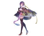  1girl ;) atelier_(series) atelier_sophie_2 black_thighhighs breasts brown_cape cape closed_mouth covered_navel crossed_arms dress full_body fur-trimmed_cape fur_trim hair_ornament high_heels highres jewelry katrina_balbastre looking_at_viewer medium_breasts official_art one_eye_closed purple_eyes purple_hair red_footwear ring second-party_source shoes simple_background smile solo standing thighhighs white_background white_dress yuugen 