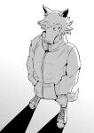  absurd_res anthro beastars canid canine canis clothing furry_bb greyscale hi_res hoodie legoshi_(beastars) male mammal monochrome solo topwear wolf 