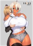  23_(real_xxiii) 2girls absurdres ahoge bare_shoulders blonde_hair blue_eyes breast_fondle breasts couple covered_nipples dark-skinned_female dark_skin highres huge_breasts jewelry large_breasts midriff_peek multiple_girls muscular muscular_female navel original ribbed_sweater ring sela_(23) short_hair short_shorts shorts sweater thighhighs toned ursula_(23) wedding_ring wife_and_wife yuri 