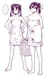  2girls breasts bucket cleavage frown greyscale hands_on_hips hiro_(chumo) holding holding_bucket holding_towel kaga_(kancolle) kantai_collection large_breasts monochrome multiple_girls naked_towel side_ponytail sweatdrop towel translation_request twintails zuikaku_(kancolle) 