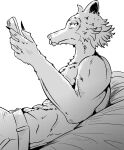  absurd_res anthro beastars canid canine canis cellphone clothed clothing furry_bb greyscale hi_res legoshi_(beastars) male mammal monochrome phone solo topless wolf 