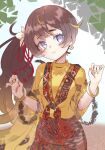  1girl alternate_costume anya_melfissa bracelet brown_hair earrings hololive hololive_indonesia jewelry long_hair maaru_(jatjem1vy6nok0o) purple_eyes side_ponytail very_long_hair virtual_youtuber yellow_nails 