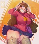  1girl :3 absurdres animal_ear_legwear animal_ears animification bag bandaid between_breasts blush braces breasts brown_eyes brown_hair brown_thighhighs cat_ear_legwear cat_ears double_v earrings gravity_falls hairband handbag highres huge_breasts jewelry large_breasts long_hair long_sleeves looking_at_viewer mabel_pines mrdeathcat multicolored_clothes open_mouth orange_wristband panties pink_sweater purple_skirt purple_wristband rainbow_panties ring skirt skirt_flip smile solo star_(symbol) star_earrings strap_between_breasts sweater thighhighs thighs turtleneck underwear v wristband yellow_wristband 