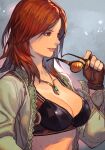  1girl black_bra bra breasts brown_eyes brown_gloves brown_hair eyewear_removed fingerless_gloves from_side gloves green_jacket holding holding_eyewear hungry_clicker jacket jewelry katarina_alves large_breasts lipstick long_hair long_sleeves makeup necklace solo sunglasses tekken tekken_7 underwear 