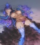  1girl abs bare_shoulders bed blue_gloves blue_hair blue_thighhighs breasts brighid_(xenoblade) cameltoe chest_jewel closed_eyes dress elbow_gloves gloves highres large_breasts long_hair lying messy_hair muscular muscular_female natto_soup navel nipples on_back open_mouth panties purple_panties revealing_clothes see-through see-through_dress sleeping solo thighhighs twintails underwear wavy_hair xenoblade_chronicles_(series) xenoblade_chronicles_2 
