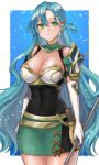 1girl absurdres aqua_hair armor bangs bare_shoulders braid breastplate breasts chloe_(fire_emblem) cleavage covered_navel cowboy_shot fire_emblem fire_emblem_engage green_eyes hazuki_(nyorosuke) highres holding holding_polearm holding_weapon large_breasts long_hair looking_at_viewer pegasus_knight_uniform_(fire_emblem) polearm shoulder_armor side_braid simple_background single_braid skin_tight smile solo swept_bangs very_long_hair weapon zettai_ryouiki 