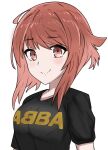  1girl alternate_costume black_shirt breasts brown_eyes collarbone fire_emblem fire_emblem_fates looking_at_viewer print_shirt sakura_(fire_emblem) shirt short_hair_with_long_locks small_breasts smile solo thigh_high_tavi upper_body white_background 
