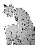  absurd_res anthro beastars canid canine canis furry_bb greyscale hi_res legoshi_(beastars) male mammal monochrome sitting solo wolf 