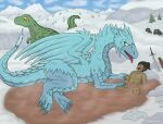 after_kiss being_watched bestiality blue_body brute_wyvern capcom clothing day deviljho dinosaur dragon duo female feral green_body hi_res hot_spring human human_on_feral interspecies larger_feral looking_at_another looking_back male mammal melee_weapon monster_hunter mythological_creature mythological_scalie mythology open_mouth prehistoric_species reptile scalie size_difference snow strohdelfin sword tongue tongue_out velkhana water weapon wulg