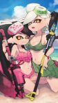  2girls bare_shoulders beach bikini black_hair blue_sky blush bracelet breasts callie_(splatoon) carbon_roller_(splatoon) cleavage closed_mouth cloud collarbone commentary_request cousins day earrings fang fingernails food food_on_head frilled_bikini frills green_bikini green_nails green_sarong gun halterneck hero_charger_(splatoon) highres holding holding_gun holding_weapon jewelry kneeling long_hair looking_at_viewer marie_(splatoon) medium_breasts mole mole_under_eye multiple_girls nail_polish navel object_on_head ocean open_mouth outdoors pink_bikini pink_nails pointy_ears prat_rat revision sand sarong short_hair sky small_breasts smile splatoon_(series) star-shaped_pupils star_(symbol) stomach sushi swimsuit symbol-shaped_pupils teeth tentacle_hair upper_teeth very_long_hair water weapon white_hair yellow_eyes 