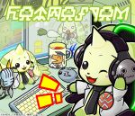  agumon_hakase body_fur choromon coat commentary_request computer_keyboard digimon digimon_(creature) green_fur headphones horns indoors lab_coat mamemon microphone monitor official_art one_eye_closed partially_translated single_horn sitting stuffed_toy terriermon_joshu translation_request white_coat 
