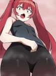  1girl @_@ ass_visible_through_thighs bangs bare_shoulders black_tank_top blush breasts constricted_pupils dilated_pupils fang fire_emblem fire_emblem_awakening from_below hair_ornament hair_scrunchie highres long_hair looking_at_viewer looking_down open_mouth pants red_eyes red_hair scrunchie severa_(fire_emblem) skin_fang small_breasts solo sweat tank_top thigh_gap thigh_high_tavi twintails v-shaped_eyebrows very_long_hair yoga_pants 