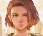  1girl blue_eyes brown_hair city forehead jill_valentine looking_at_viewer nagare resident_evil resident_evil_3 resident_evil_3_(remake) short_hair solo 