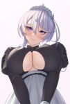  1girl asymmetrical_hair azur_lane bellona_(azur_lane) blush breasts closed_mouth from_below grey_hair hair_between_eyes head_tilt highres large_breasts long_sleeves looking_at_viewer maid maid_headdress medium_hair puffy_sleeves purple_eyes ropi_(yyuichi29) simple_background smile solo underboob upper_body v_arms 