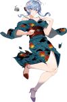  1girl apple_print blue_eyes blue_hair bra breasts cleavage drew_(drew213g) flower full_body gotland_(kancolle) gotland_andra_(kancolle) green_kimono hair_between_eyes hair_bun hair_flower hair_ornament japanese_clothes kantai_collection kimono large_breasts long_hair long_sleeves looking_at_viewer mole mole_under_eye official_art red_footwear sheep single_hair_bun solo torn_clothes torn_kimono transparent_background underwear yukata 